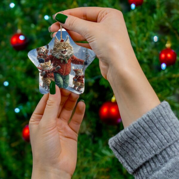 Dad Cat & Kittens Ski Day Christmas Ceramic Ornament, 4 Shapes - Image 6